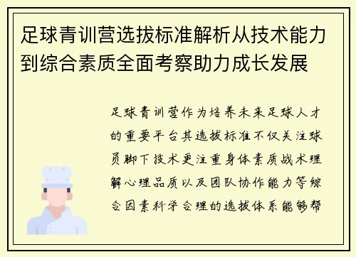 足球青训营选拔标准解析从技术能力到综合素质全面考察助力成长发展